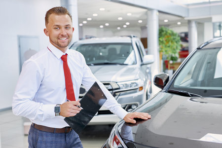 young confident caucasian salesman discuss auto with buyers, friendly man likes his job in dealership, he looks at camera and smileの写真素材