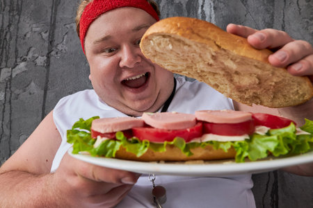 comic caucasian overweight man opens inside of sandwich, looks at ingredients. nutrition, unhealthy...