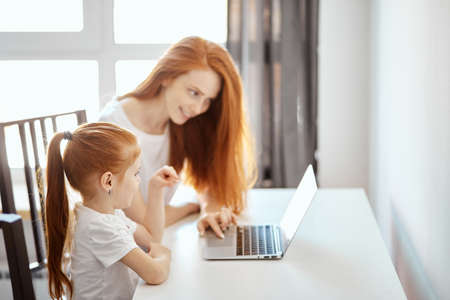 Young woman with ginger pony tail using laptop to show her little preschool daughter the educational film about life evolution process, while mother and her female kid spending time together at homeの写真素材