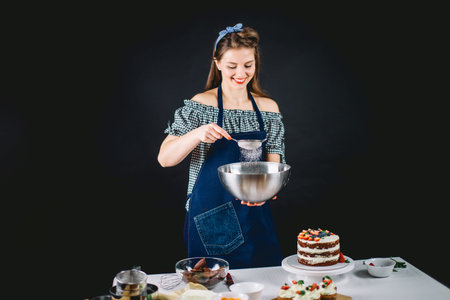 Happy pastry Chef Woman sifting flour through sieve