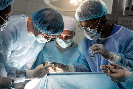 The doctors and nurses conducting experiment in medical centre. close up photo.