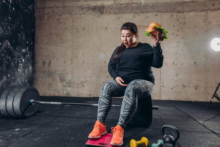 shocked obese woman cannot believe that she has not lost the weight. full length photo. surprise,...