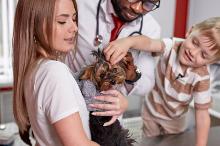 friendly woma and child came to the vet with a dog, they want the vet to cure their beloved dog,...