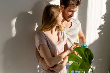 young emotionla people are enjoying themselves. close up side view photo. relationship, feelingの写真素材