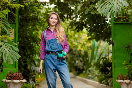awesome beautiful girl takes care of plants. closeup photo.weekend in the gardenの写真素材