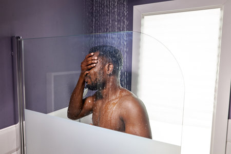 handsome dark skinned man taking shower in bathroom