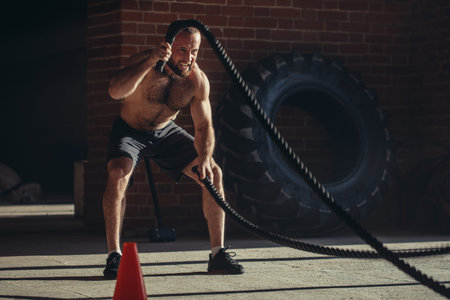 Sport concept. Caucasian athlet with naked torso with rope in functional training at outdoor gym in...