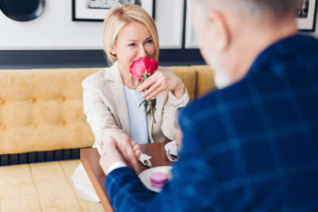 loving woman holding a beautiful rose and looking at her admirer. close up photoの写真素材