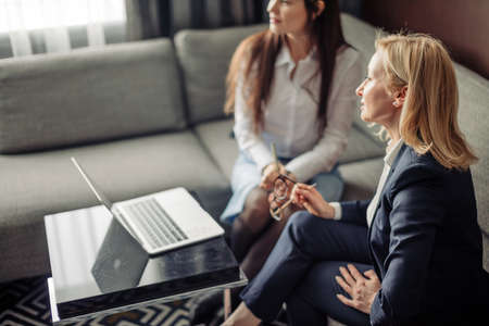 Two caucasian female coworkers working together on business project using laptop, female executive explaining new online idea to coworker at officeの写真素材