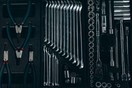 a set of useful tools for mechanic, top view photoの写真素材