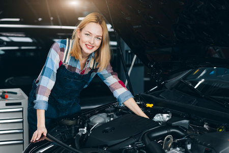 positive charming woman standing under the hood.