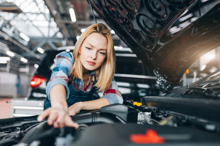 young female worker stretching her arm to the engine compartment.
