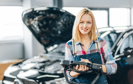 cheerful blond girl is ready to help you with your car problems. close up photo