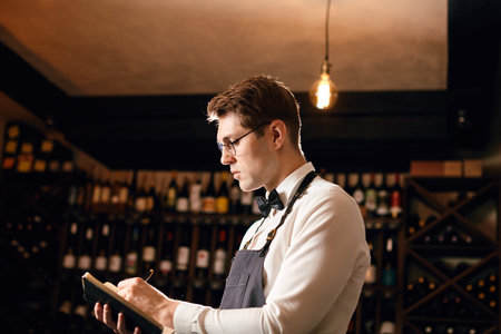 Professional male cavist taking notes at degustation card standing near wine shelves of european...