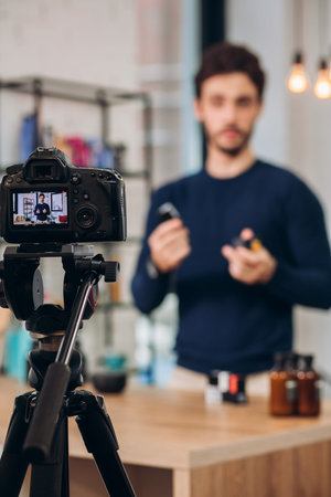close up photo. focus on a new digital device. blurred background. Tv business. TV shot