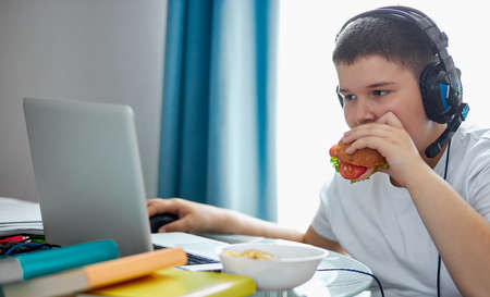 fat teenager boy eat junk food and play computer games, lead unhealthy and passive lifestyle, in bedroomの写真素材