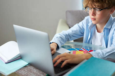 caucasian schoolboy studying at home looking at tutor at laptop screen during quarantine isolation period, teacher giving lesson online on video chatの写真素材