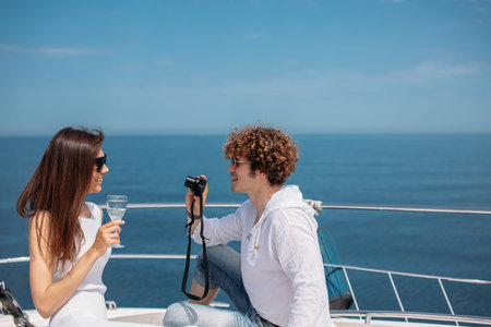 Attracrive young long-haired woman sitting on deck of luxury yacht being photographed by her curly...