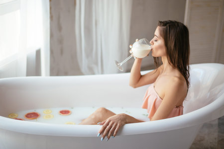 Relaxing attractive young woman in pink romantic lingerie sitting at bathtub filled with milk and...