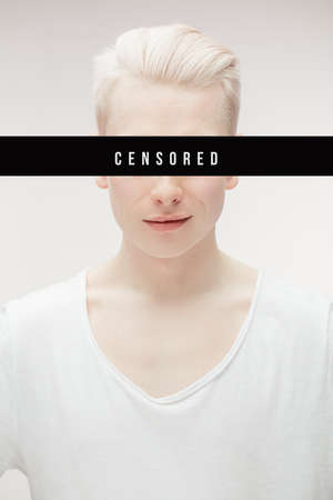 Fame, Celebrity, Incognita Concept. Albino man with hairstyle dressed in blank white t-shirt with black tape with signature Censored isolated over white backgrond. Mock up template for design print.の写真素材