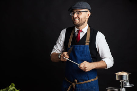 Studio shot of caucasian smiling businessman in blue apron wearing business clothes deciding to feed...