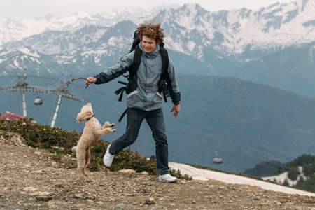 cheerful guy is spending time with pet. smiling man teasing the dog with a stickの写真素材