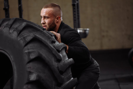 serious athlete is pushing the wheel in the gymnasium. keep fit. sporty lifeの写真素材