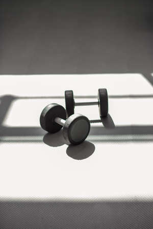 Photo of sport equipment in gym. Dumbbells on floor in window backlight.の写真素材
