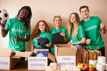 diverse volunteers packing, collecting humanitarian aid in donation box. multi-ethnic group of...