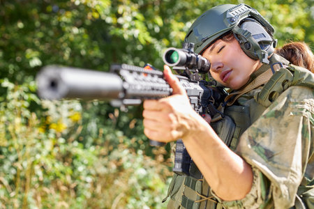 attractive brave military woman with a gun in forest, survival in wild forest, caucasian female in...