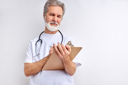 senior doctor taking medical history of patient, make notes, write in tablet, use stethoscope. stand posing isolated over white studio backgroundの写真素材