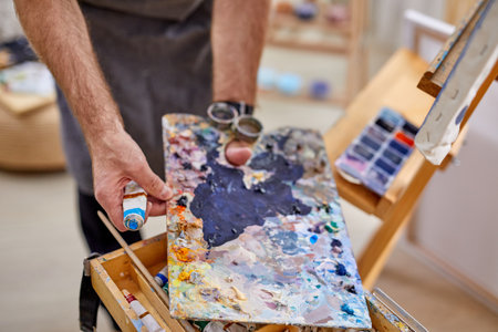 close-up photo of different materials and tools for painting, drawing, art, craft conceptの写真素材