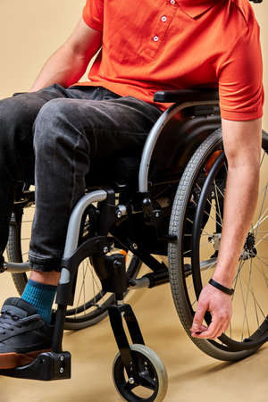 close-up cropped of disabled man on wheelchairの写真素材