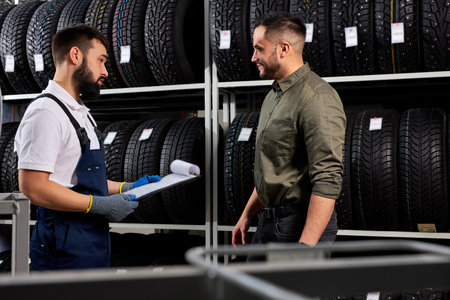 affable auto mechanic in uniform help customer with choice, caucasian young male came to buy new tires for auto. in serviceの写真素材