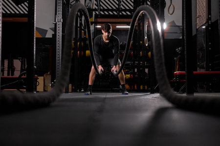 Athletic man doing cross fit exercises with rope at gym, concentrated and focused on training,...