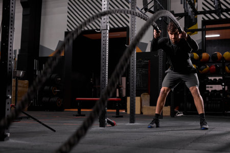 Athlete man training with rope, cross fit battle ropes exercise alone, intense workout indoors, in...