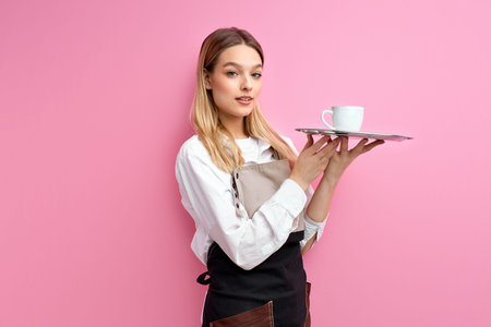 nice woman waitress in apron, offering cup of delicious tasty coffee, stand looking at camera,...