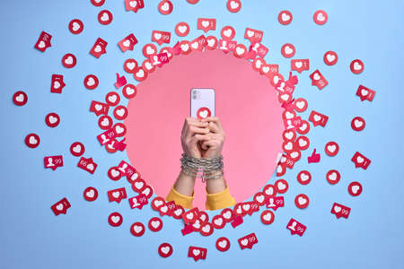 unrecognizable woman obsessed with internet.の写真素材