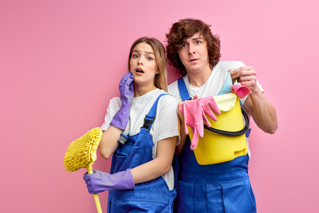 Cleaning supplies for cleaning. Surprised husband and wife in overalls and rubber gloves look at camera isolatedの写真素材
