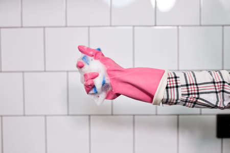 Hand in rubber glove holding sponge in foam, isolated on white tiled wall