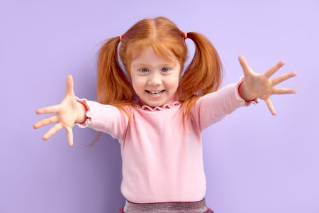 cheerful beautiful child girl spread hands arms come here to us calling in hugs