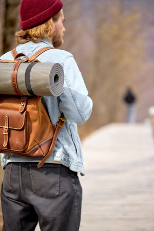 Man Walking Alone Camping Wanderlust Concept, Rear View On Guy In Casual Wear Traveling, In Casual...