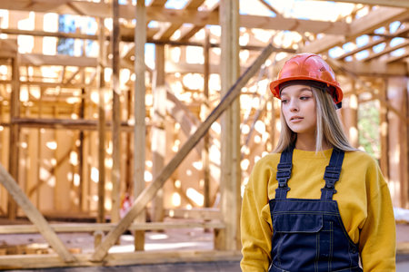 young caucasian builder architect female in hardhat posing against New residential construction home framing, at sunny day outdoors, dressed in working uniform and orange helmet, look at sideの写真素材