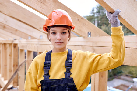 young constructor engineer woman in New residential construction home framing. Wooden Construction...