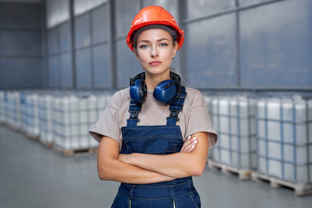 industrial woman engineer in hardhat standing in factory with arms folded, posing, wearing uniform,...