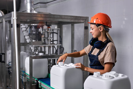 female in hardhat closes the lid of canister with pesticides, preparing plasctic canister in factory, pesticides are used to control various pests and disease carriers. pesticides productionの写真素材
