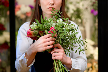 Cropped woman florist in apron with flowers. Flowers business. Lifestyle flower shop.Flowers shop....
