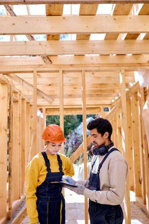 Two caucasian civil engineers dressed in uniform explore construction documentation on the building...