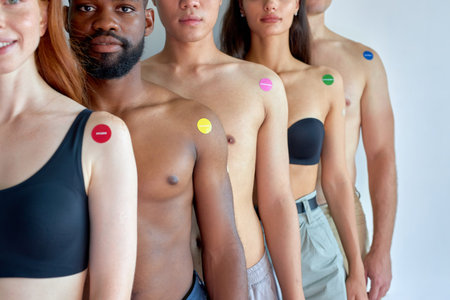 black, caucasian and asian people arms after vaccine injection, in line. prevent yourself for...
