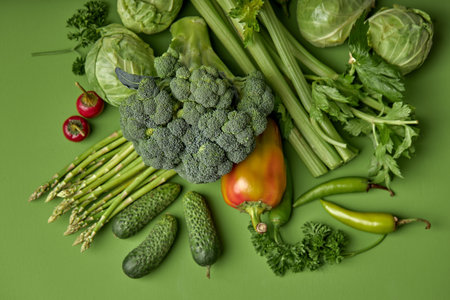 bright pepper, cucumber, cabbage, broccoli,asparagus, popular spices vegetables concept. beautiful vegetables scattered on greeb background, top view, flat lay, copy spaceの写真素材